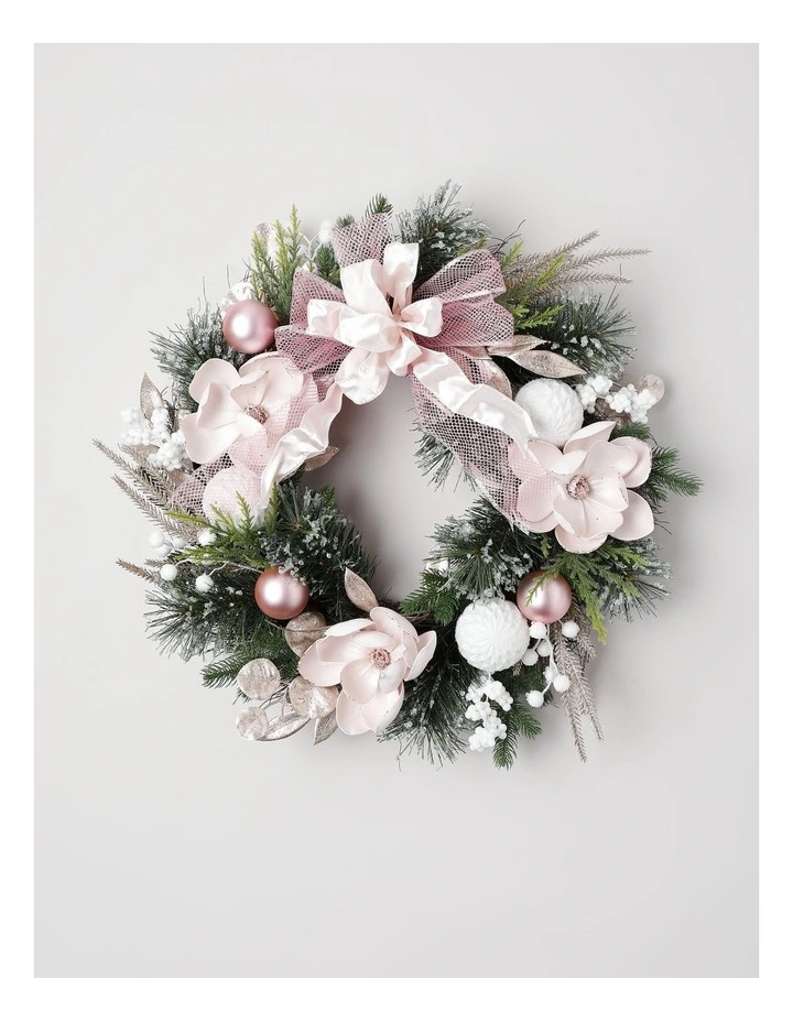 Luxe Christmas Glistening Pine & Magnolia Wreath in Pink: 60cm image 1