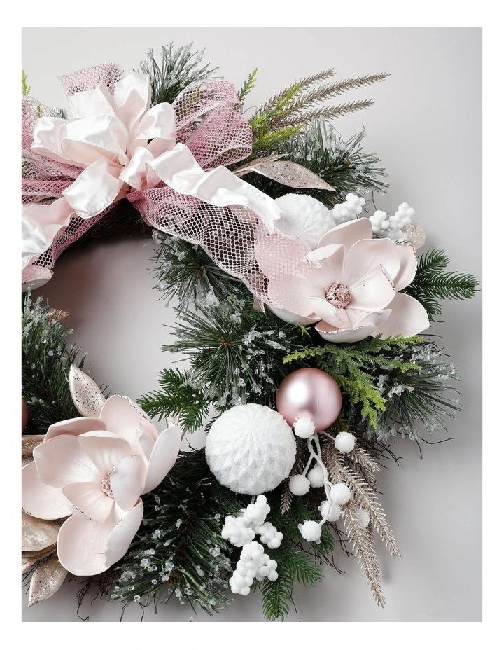Luxe Christmas Glistening Pine & Magnolia Wreath in Pink: 60cm image 2