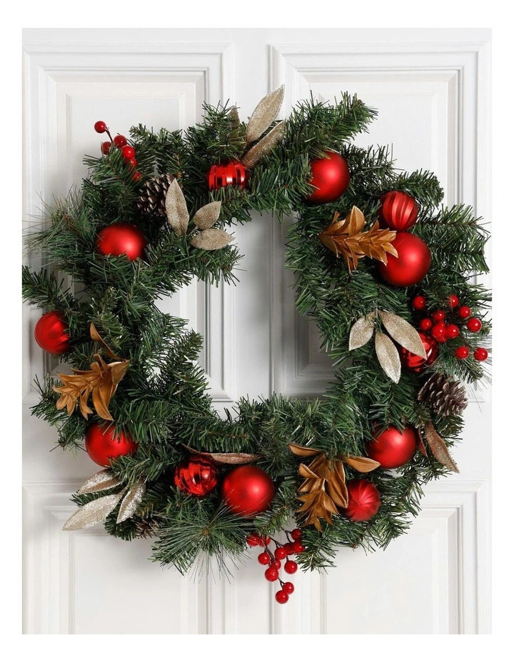 Heirloom Christmas Plastic Faux Berries, Cones & Bauble WreathRed/Green: 60 Cm image 2