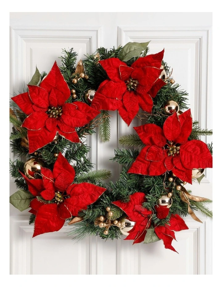 Heirloom Christmas Poinsettia, Faux Berries, Leaves & Bauble Wreath 60cm in Red/Gold image 2