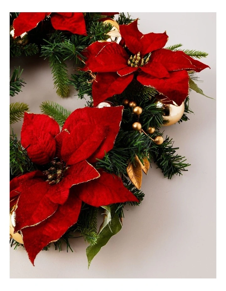 Heirloom Christmas Poinsettia, Faux Berries, Leaves & Bauble Wreath 60cm in Red/Gold image 3