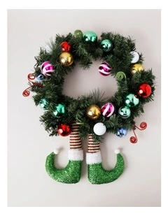 Candyland Christmas Bauble Wreath with Elf Legs 60cm in Multi