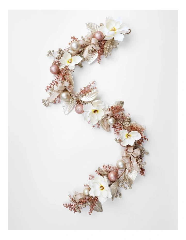 Luxe Christmas Faux Magnolia, Leaves & Baubles Garland 180cm in Pink image 1