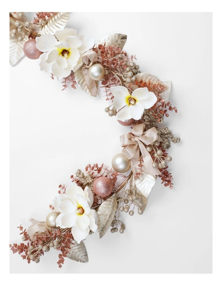 Luxe Christmas Faux Magnolia, Leaves & Baubles Garland 180cm in Pink image 2