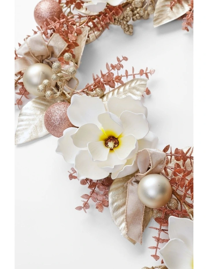 Luxe Christmas Faux Magnolia, Leaves & Baubles Garland 180cm in Pink image 3