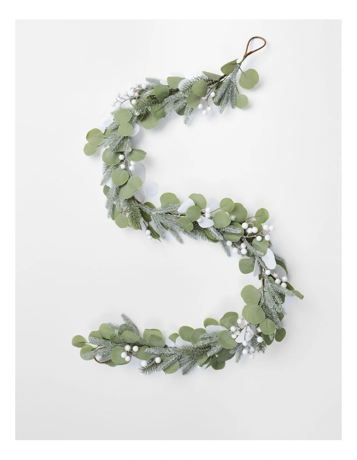Eucalyptus Christmas Glittered Faux Eucalyptus Christmas Leaves & Berries Garland 180cm in Green/White image 1