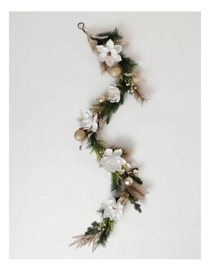 Luxe Christmas Magnolia, Leaves & Bauble Garland 180cm in Champagne image 1