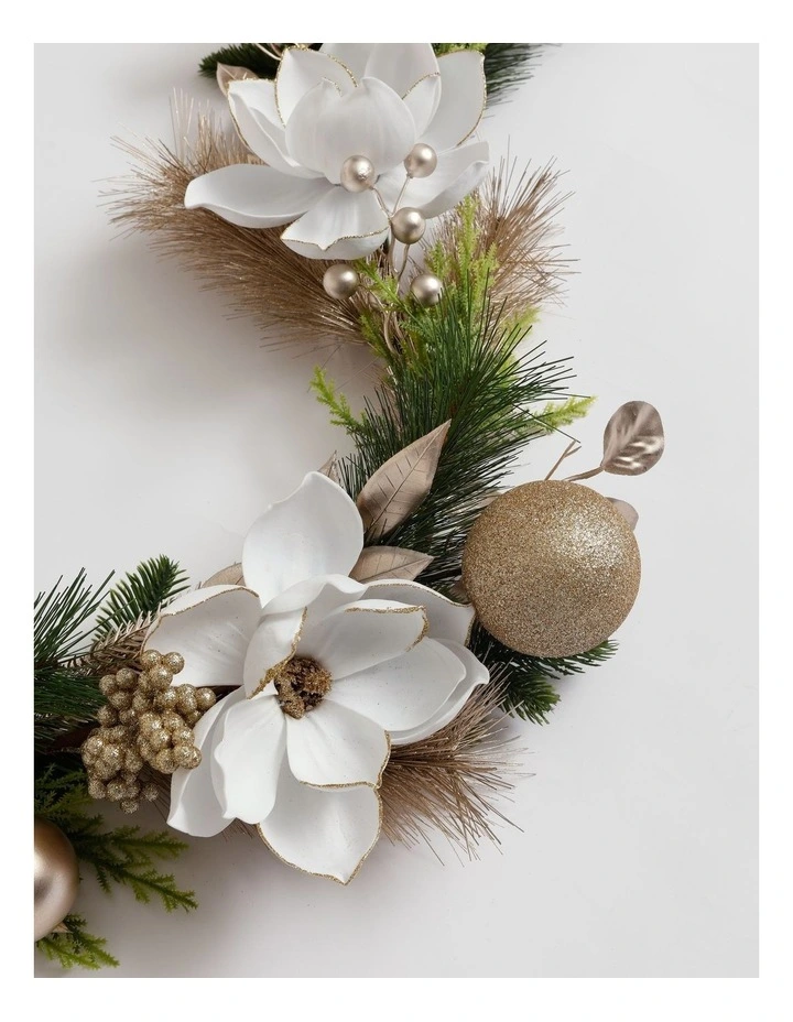Luxe Christmas Magnolia, Leaves & Bauble Garland 180cm in Champagne image 2