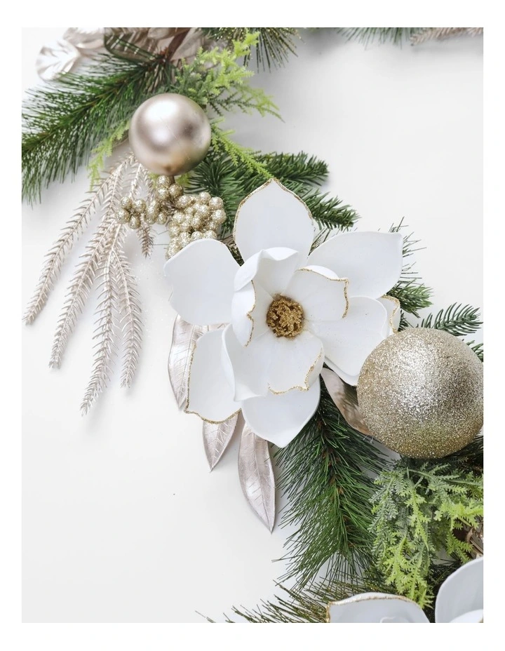 Luxe Christmas Magnolia, Leaves & Bauble Garland 180cm in Champagne image 4