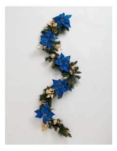 Luxe Christmas Poinsettia, Faux Berries, Leaves & Bauble Garland 180cm in Navy/Gold