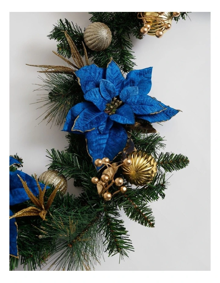 Luxe Christmas Poinsettia, Faux Berries, Leaves & Bauble Garland 180cm in Navy/Gold image 2