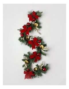 Heirloom Christmas Bow, Bauble and Leaves Garland in Red: 182cm