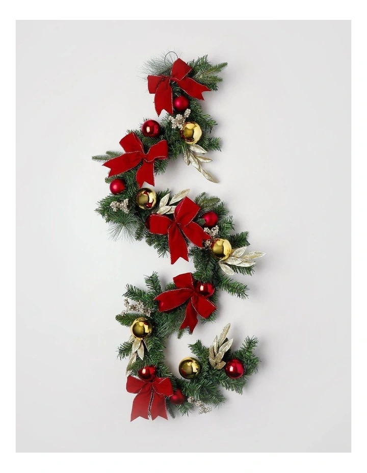 Heirloom Christmas Bow, Bauble and Leaves Garland in Red: 182cm image 1
