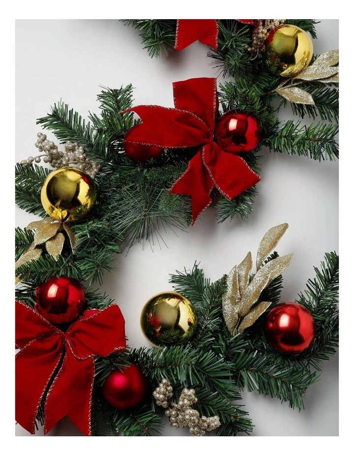 Heirloom Christmas Bow, Bauble and Leaves Garland in Red: 182cm image 3