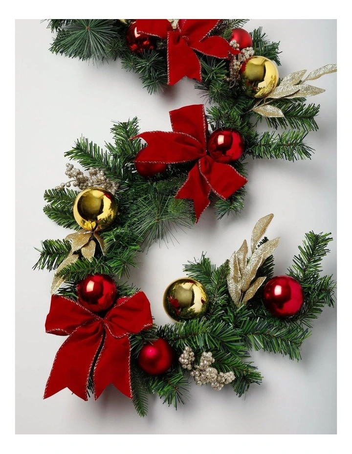 Heirloom Christmas Bow, Bauble and Leaves Garland in Red: 182cm image 4