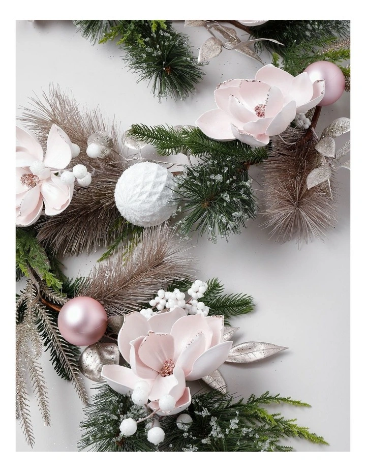 Luxe Christmas Glistening Pine and Magnolia Garland in Pink: 182cm image 3