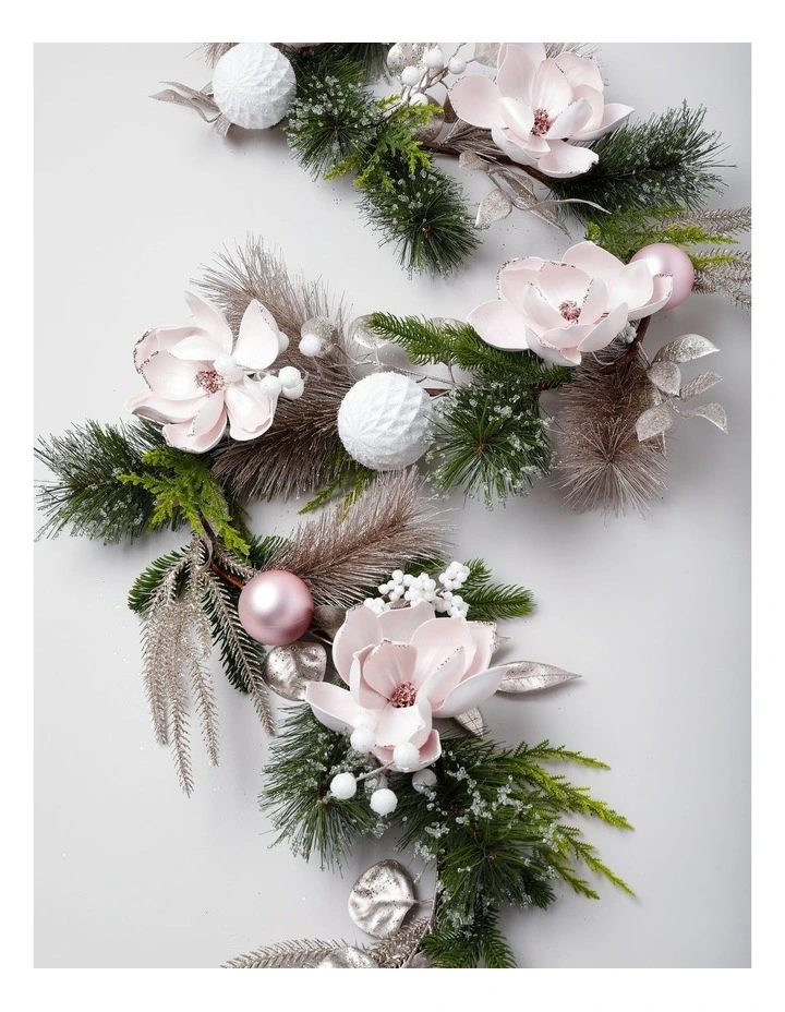 Luxe Christmas Glistening Pine and Magnolia Garland in Pink: 182cm image 5