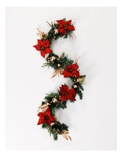 Heirloom Christmas Poinsettia, Faux Berries, Leaves & Bauble Garland 180cm in Red/Gold