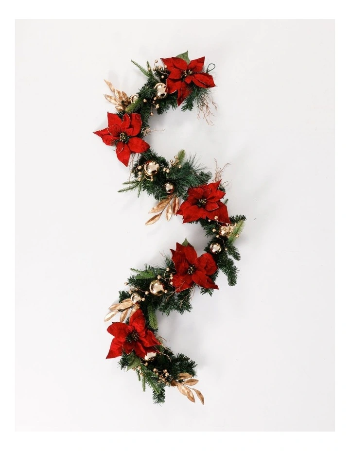 Heirloom Christmas Poinsettia, Faux Berries, Leaves & Bauble Garland 180cm in Red/Gold image 1