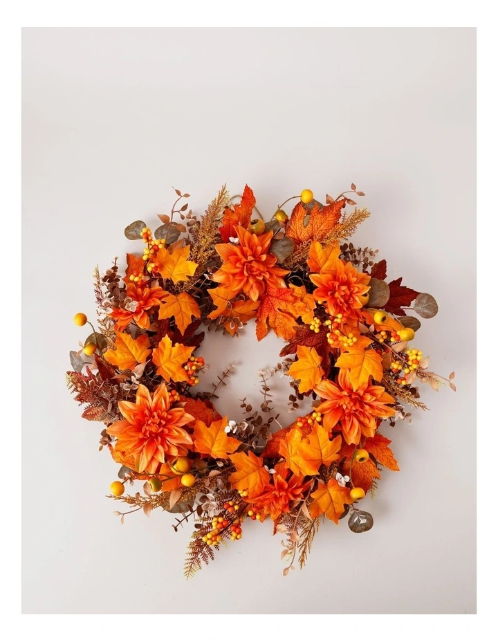 Halloween Artificial Leaves With Flowers Wreath 56cm in Orange image 1