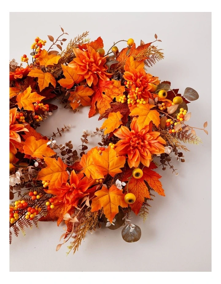 Halloween Artificial Leaves With Flowers Wreath 56cm in Orange image 2