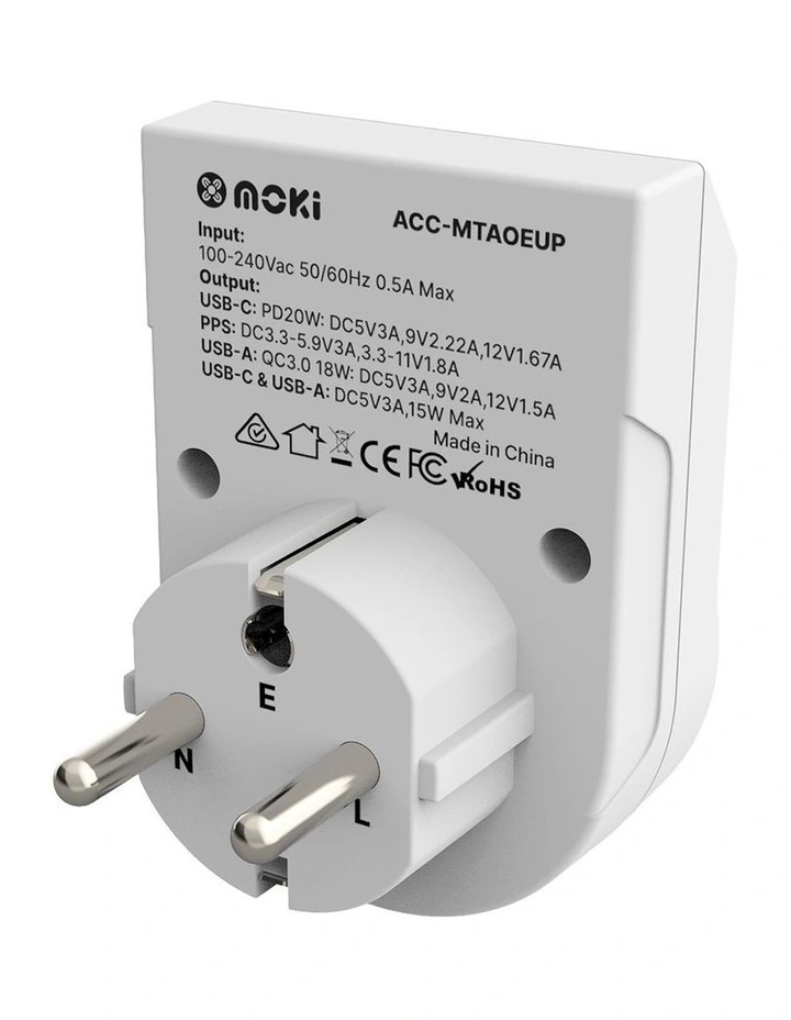 Travel Adaptor Plus Outbound AUS/NZ to Europe + Pd20w Type-C & QC 3.0 USB-A Acc-Mtaoeup in White image 3