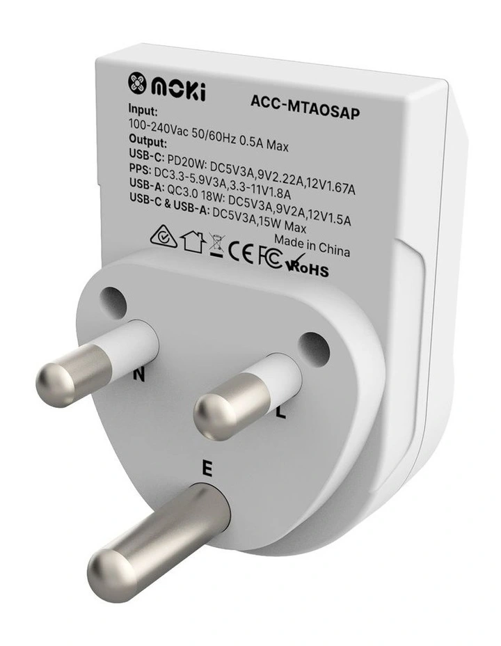 Plus Outbound Au/Nz To South Africa + Pd20w Type-C & Qc 3.0 Usb-A Travel Adaptor Acc-Mtaosap in White image 3