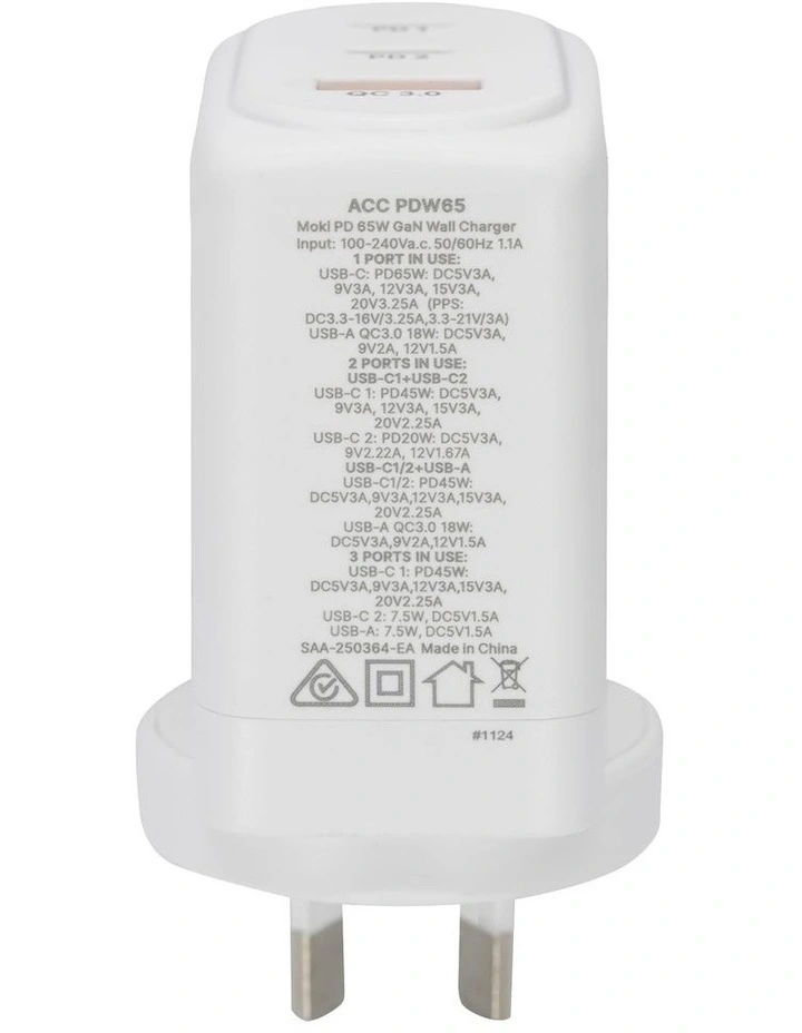 PD 65W GaN Wall Charger 2 x PD USB-C + QC 3.0 USB-A in White ACC-PDW65 image 4