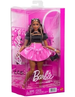 Barbie Deluxe Style Doll #16 in Glossy Pink Barbiecore Skirt with Black Top and Brown Hair