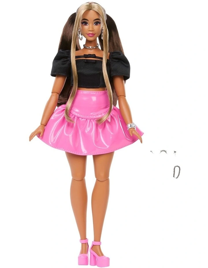Barbie Deluxe Style Doll #16 in Glossy Pink Barbiecore Skirt with Black Top and Brown Hair image 2