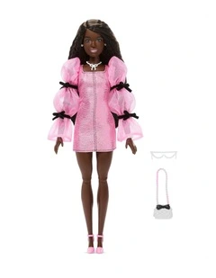 Barbie Deluxe Style Doll #14 in Metallic Pink Barbiecore Dress with Puffed Sleeves and Brown Hair
