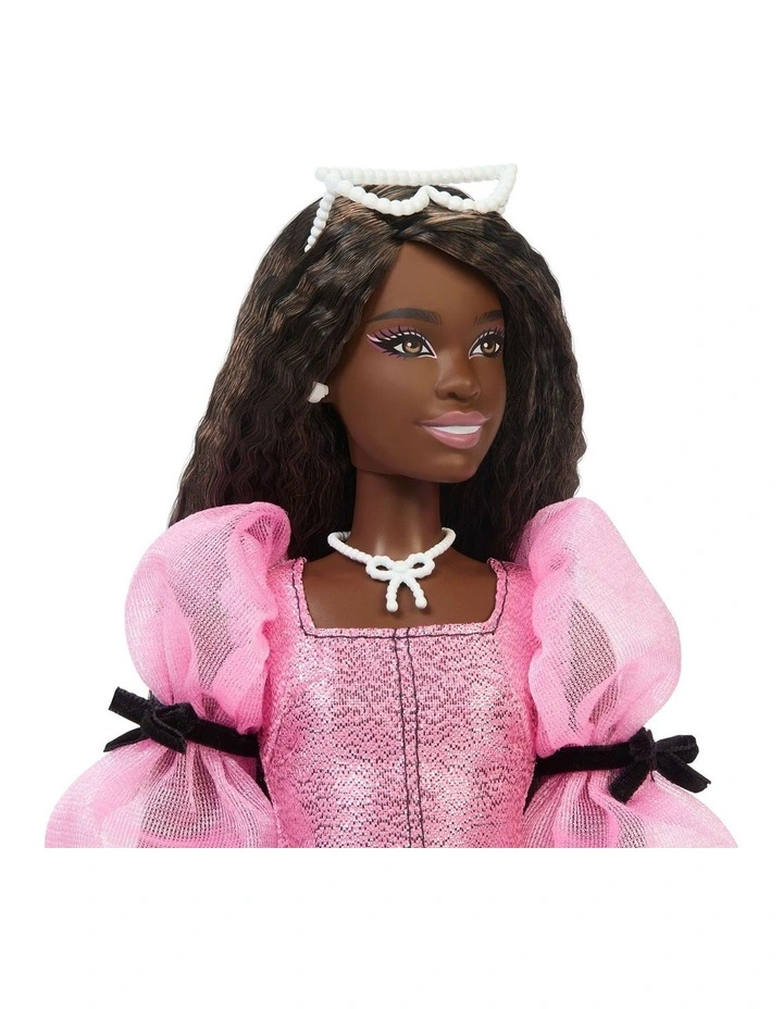 Barbie Deluxe Style Doll #14 in Metallic Pink Barbiecore Dress with Puffed Sleeves and Brown Hair image 3
