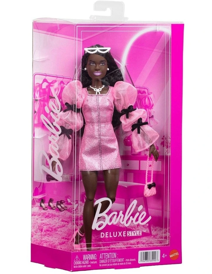 Barbie Deluxe Style Doll #14 in Metallic Pink Barbiecore Dress with Puffed Sleeves and Brown Hair image 5