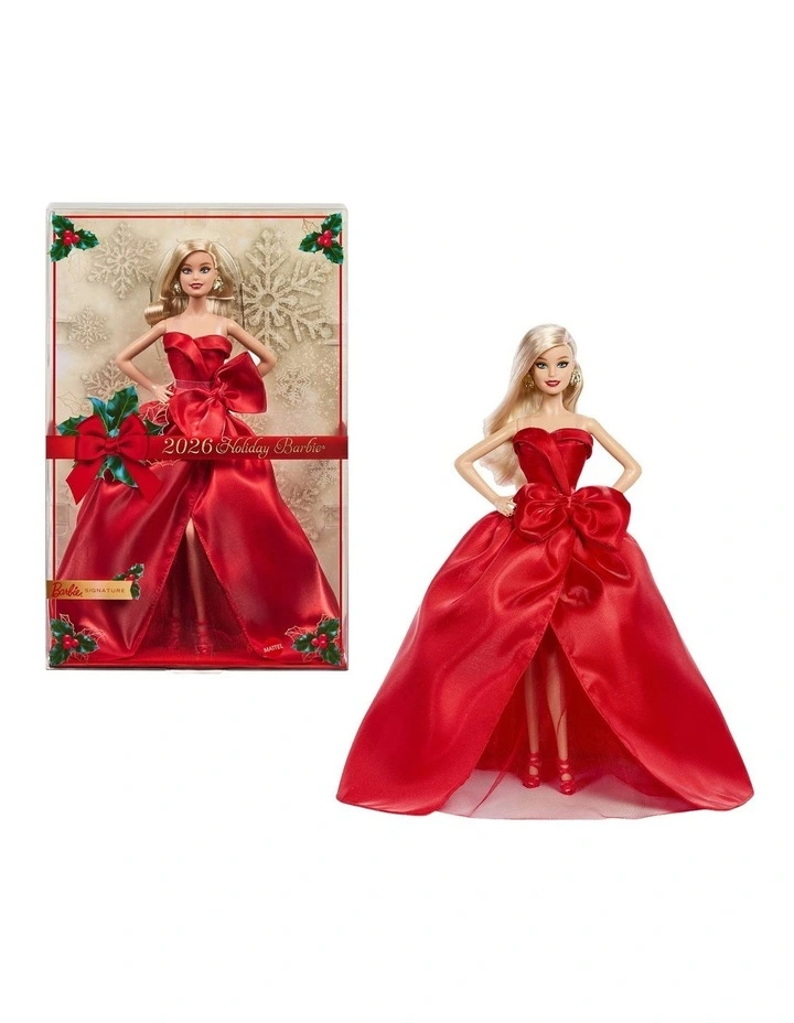 Barbie Signature 2026 Holiday Barbie Fashion Doll, Seasonal Collector, Blonde with Red Gown with Bow Detail image 1