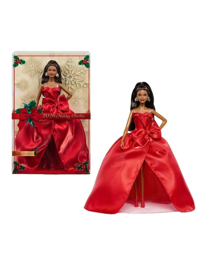 Barbie Signature 2026 Holiday Barbie Fashion Doll, Seasonal Collector, Black Hair with Red Gown with Bow Detail image 1