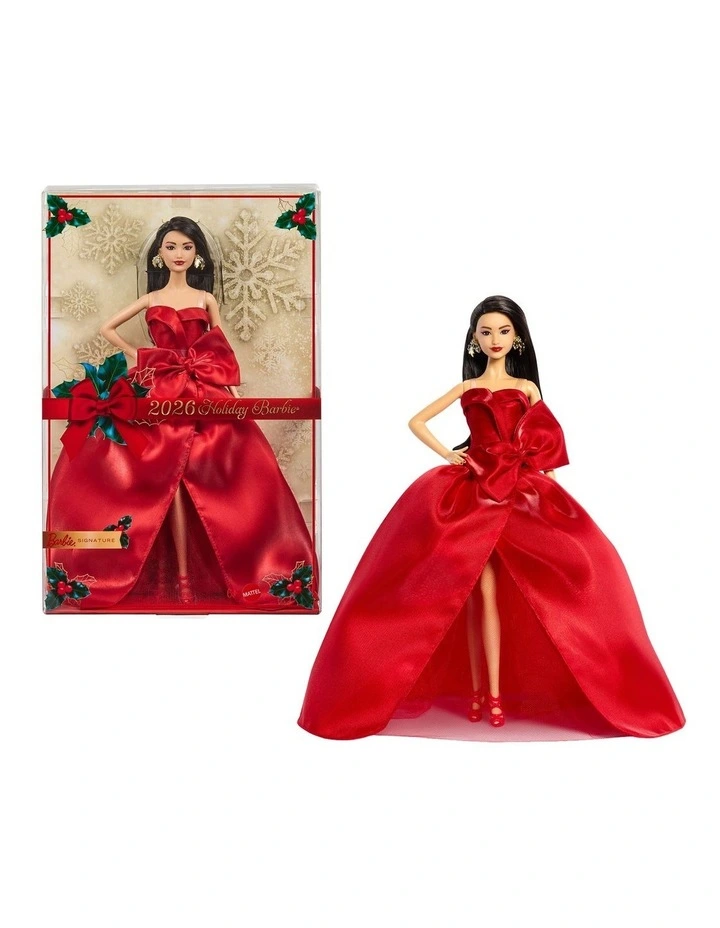 Barbie Signature 2026 Holiday Barbie Fashion Doll, Seasonal Collector, Dark Brown Hair with Red Gown with Bow Detail image 1