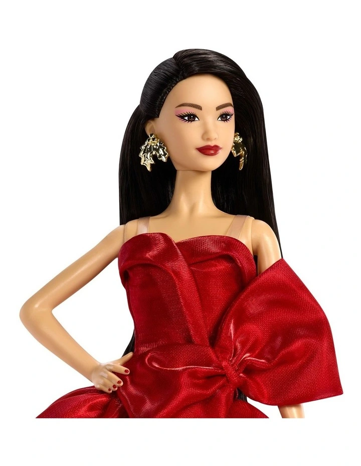Barbie Signature 2026 Holiday Barbie Fashion Doll, Seasonal Collector, Dark Brown Hair with Red Gown with Bow Detail image 2