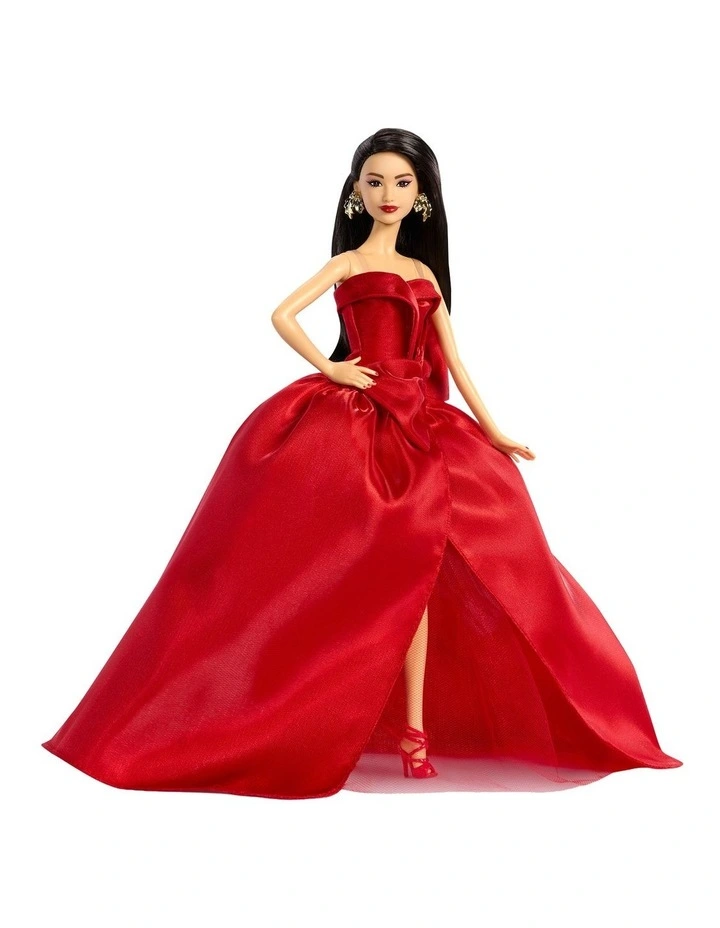 Barbie Signature 2026 Holiday Barbie Fashion Doll, Seasonal Collector, Dark Brown Hair with Red Gown with Bow Detail image 3