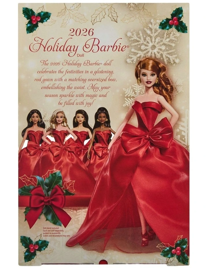Barbie Signature 2026 Holiday Barbie Fashion Doll, Seasonal Collector, Dark Brown Hair with Red Gown with Bow Detail image 6