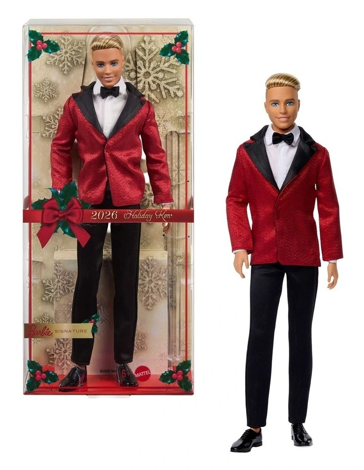 Barbie Signature 2026 Holiday Blonde Ken Collectible Fashion Doll wearing Full Suit with Red Jacket image 1