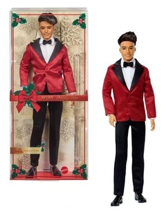 Barbie Signature 2026 Holiday Curly Black Hair Ken Collectible Fashion Doll wearing Full Suit with Red Jacket