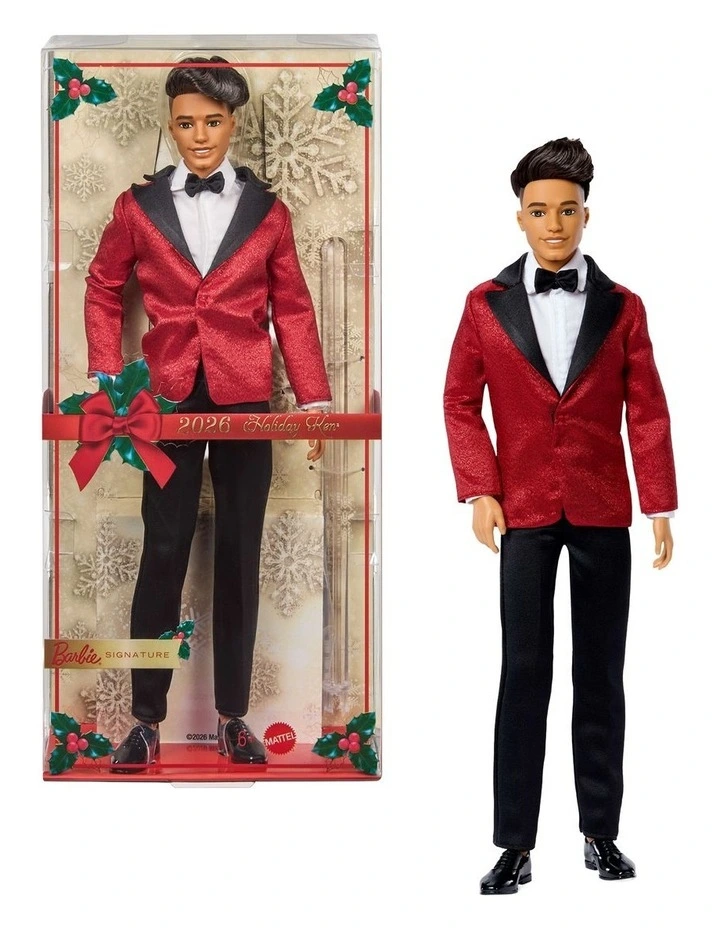 Barbie Signature 2026 Holiday Curly Black Hair Ken Collectible Fashion Doll wearing Full Suit with Red Jacket image 1