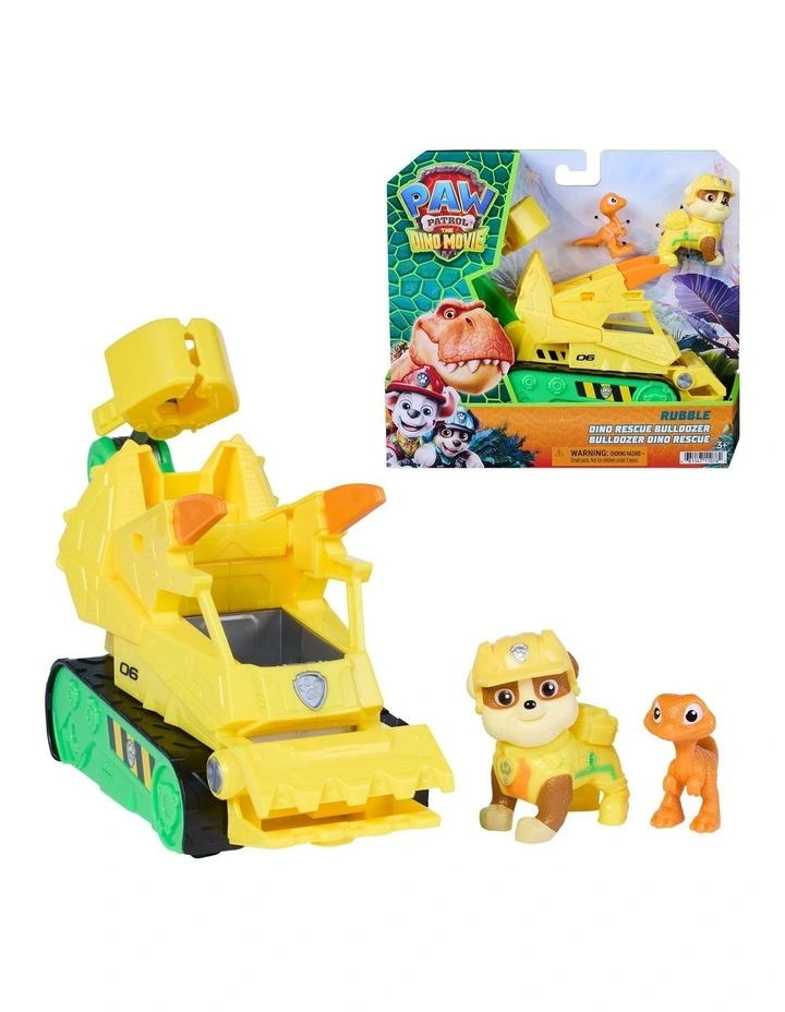 PAW Patrol The Dino Movie, Rubble Dino Rescue Bulldozer with Chomping Action and Articulated Claw, 2 Action Figures & Vehicle image 1