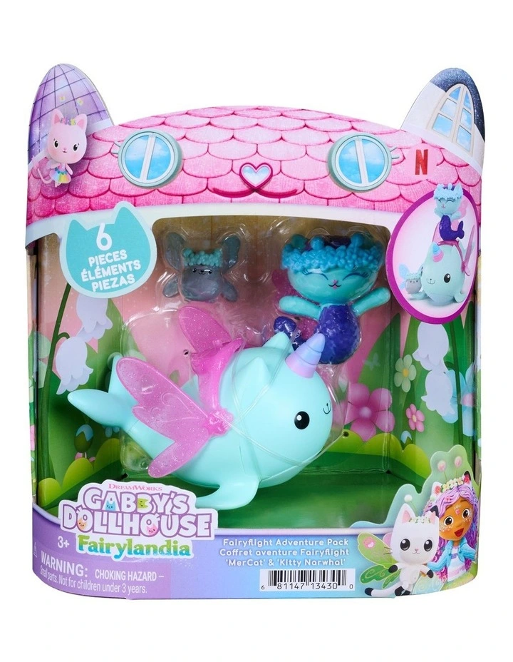 DreamWorks Gabby's Dollhouse Fairylandia MerCat & Kitty Narwhal Fairyflight Adventure Pack, 3 Figures with Wings and Crowns image 1