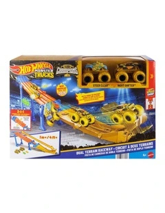 Hot Wheels Monster Trucks Dual Terrain Raceway, 4 Feet Long with 2 Toy Trucks & 2 Crushed Cars