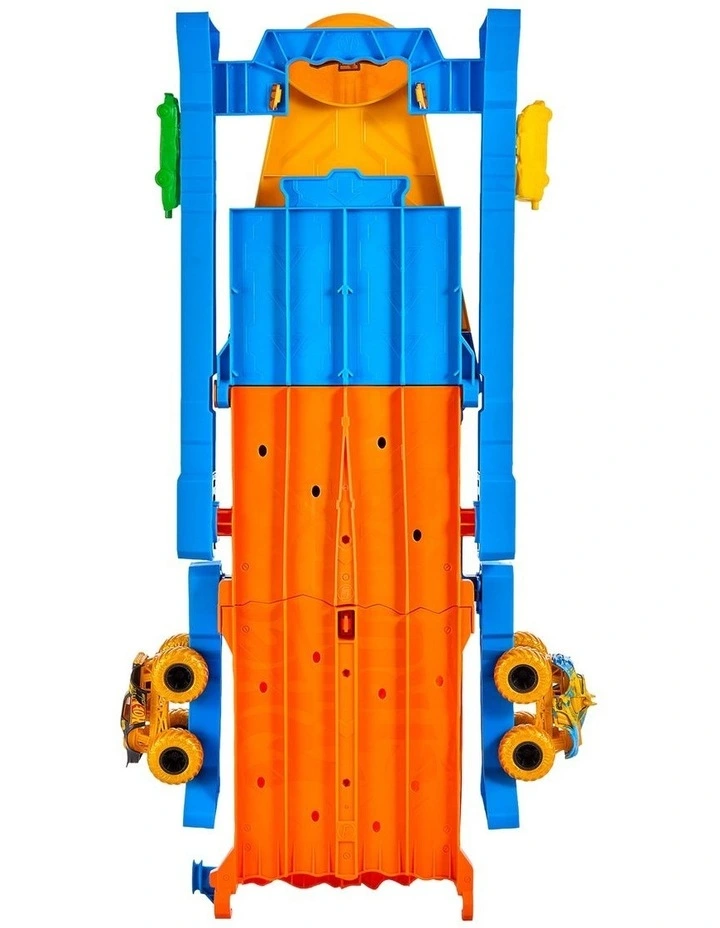 Hot Wheels Monster Trucks Dual Terrain Raceway, 4 Feet Long with 2 Toy Trucks & 2 Crushed Cars image 3