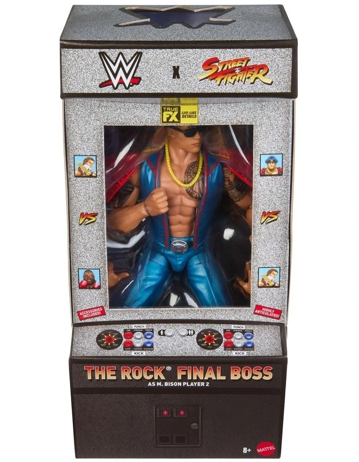 WWE x Street Fighter The Rock Final Boss Action Figure & Accessories, 6-inch Collectible M. Bison Player 2 Mashup Set image 1