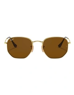 Ray-Ban Hexagonal Flat Lenses Metal Polarised Sunglasses in Gold
