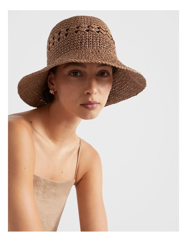 Crochet Straw Bucket Hat in Caramel image 2