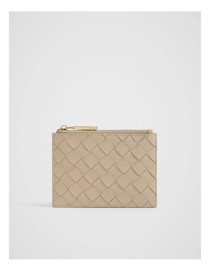 Leather Woven Card Holder in Champagne Beige image 1